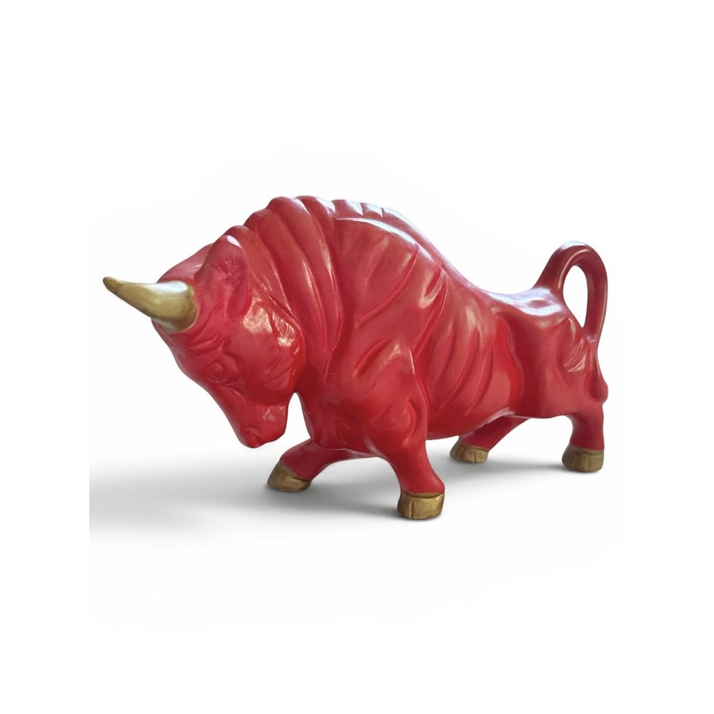 Vintage 1960s Red Ceramic Bull Figurine Mid Century Modern Gold Accents